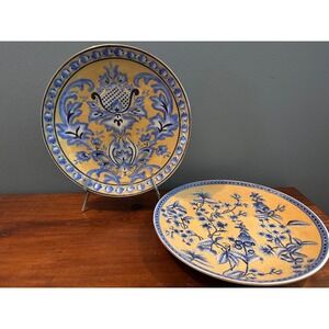Oriental Accent Blue Yellow Chinoiserie Floral Decorative Plates Set of 2 10"